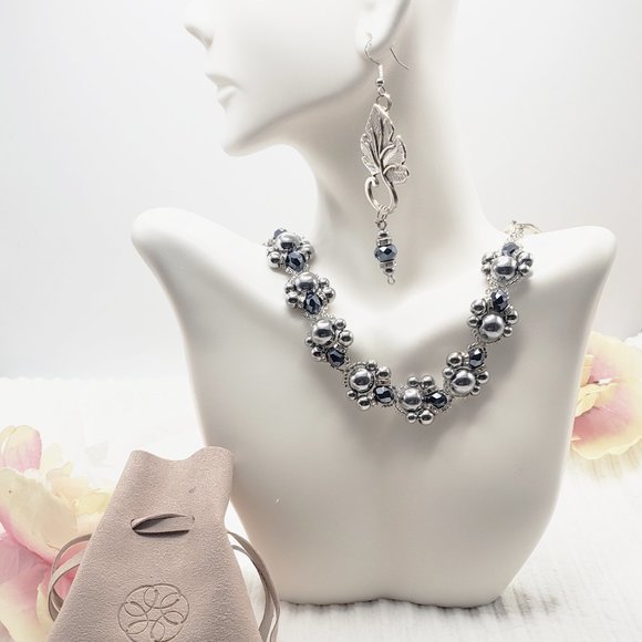 Midnight Ivy Hematite Jewelry - Silver & Dark Blue Necklace Bracelet Earring Set - Picture 1 of 14